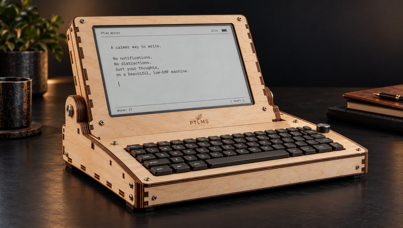 PETELMS Typewriter in a laser-cut wooden enclosure with an e-paper display